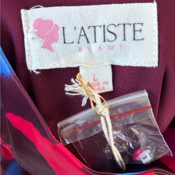 L’Atiste By Amy Colorful Long Sleeve Open Back Faux Wrap Dress Size L - Picture 7 of 8